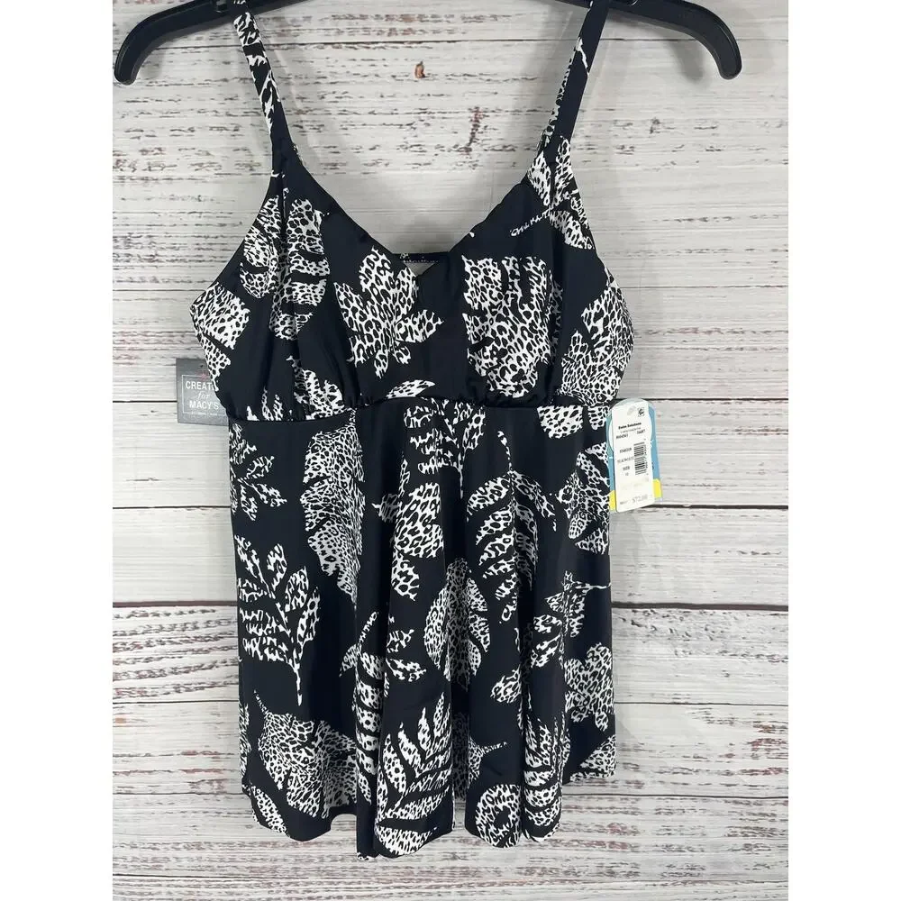 Swim Solutions V Neck Tankini Top Women's Size 10 Black White Underwire D Cup